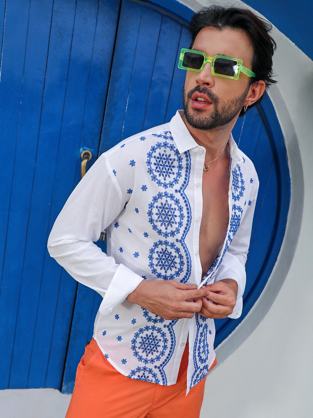 

Campus Sutra Men Classic Opaque Ethnic Print Embroidered Casual Shirt, White
