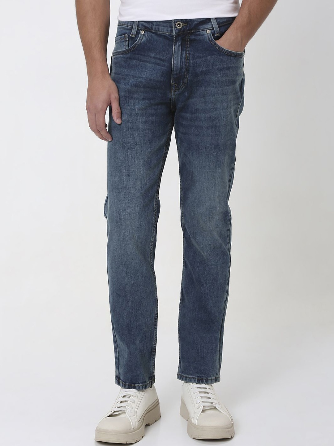 

Mufti Men Straight Fit Low Distress Stretchable Jeans, Blue