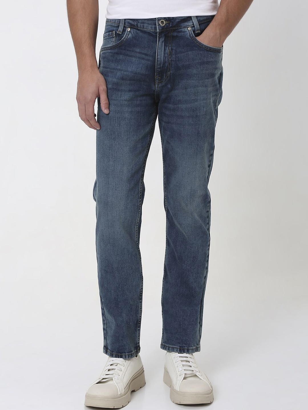 

Mufti Men Straight Fit Low Distress Stretchable Jeans, Blue