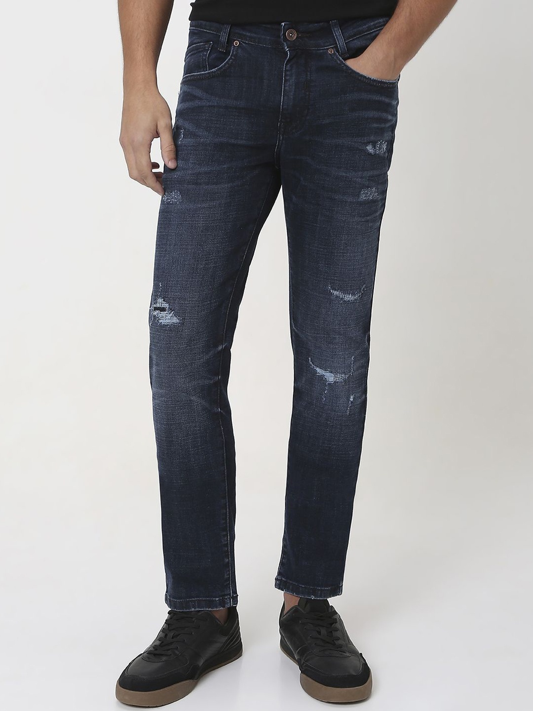 

Mufti Men Skinny Fit Low Distress Light Fade Stretchable Jeans, Navy blue