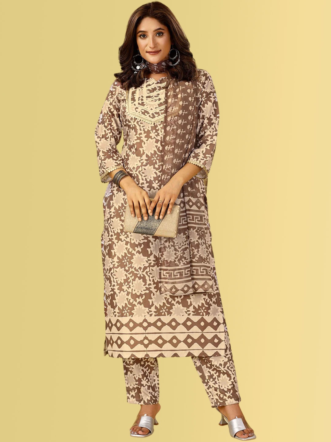 

FAB GALAXY Women Floral Printed Gotta Patti Kurta with Trousers & Dupatta, Beige