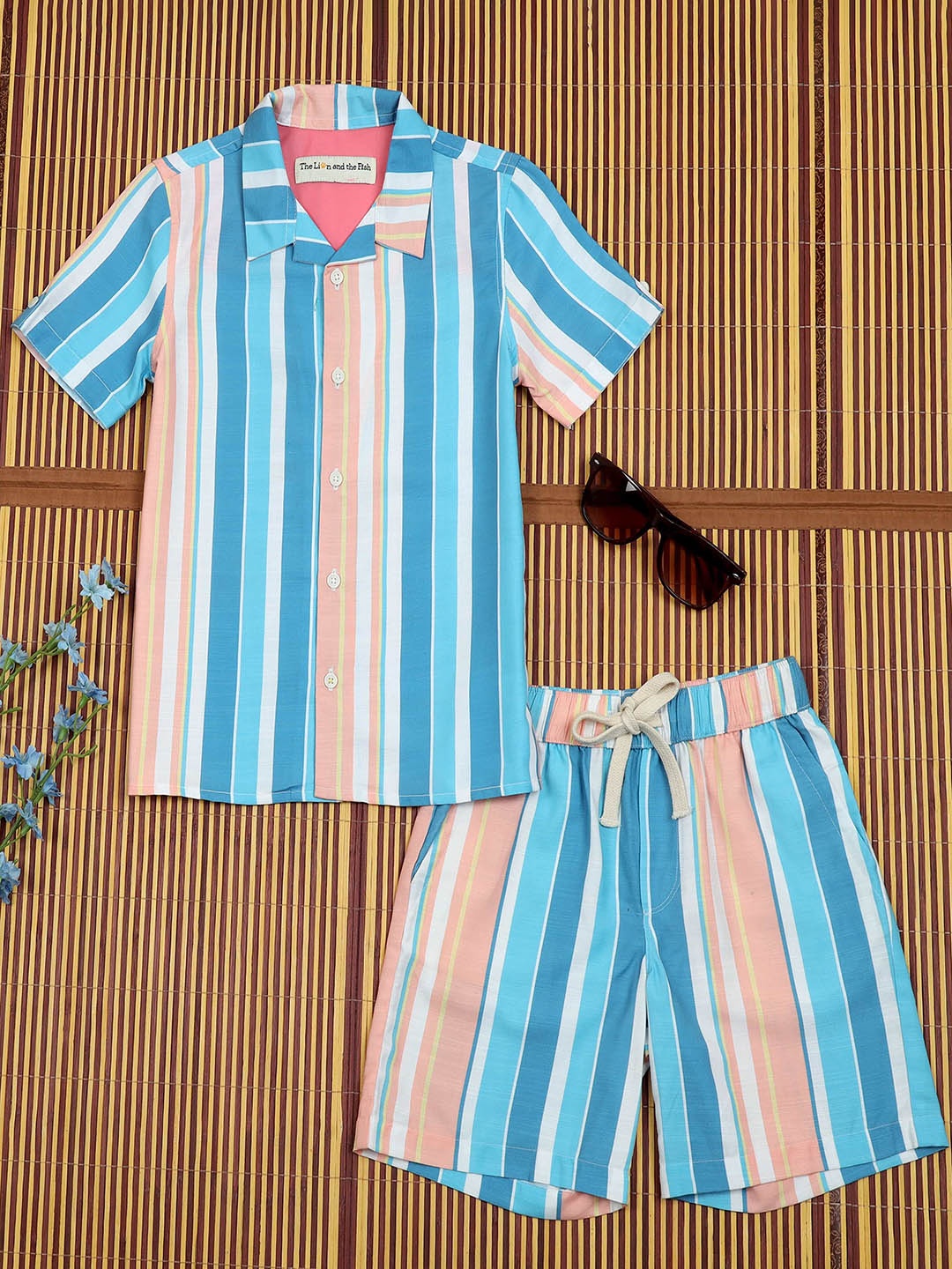 

The Lion and The Fish Boys Striped Shirt with Shorts, Blue