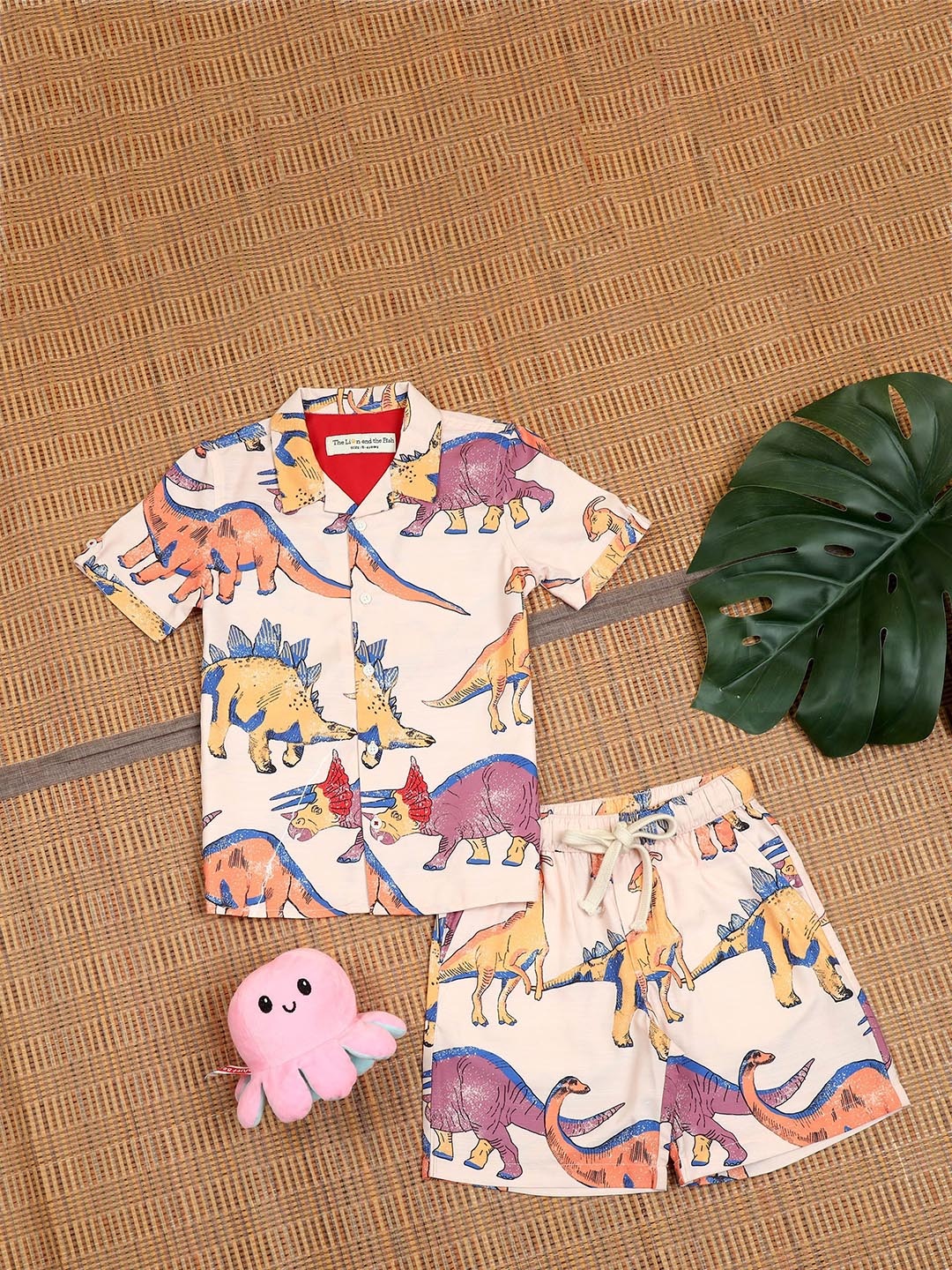 

The Lion and The Fish Unisex Dinosaur Print Shirt & Short Co-Ord Set, Peach