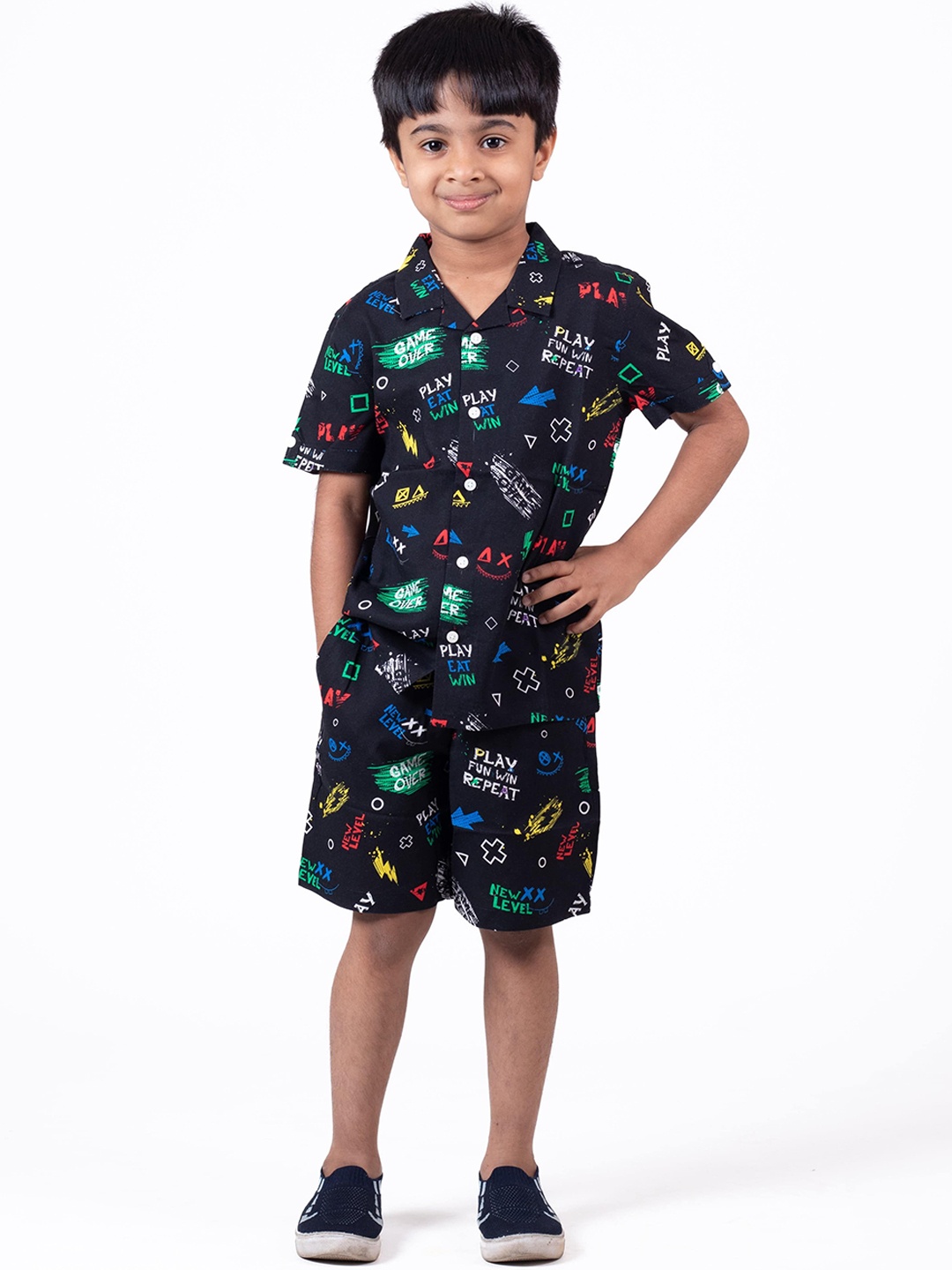 

The Lion and The Fish Boys Printed Shirt with Shorts, Black