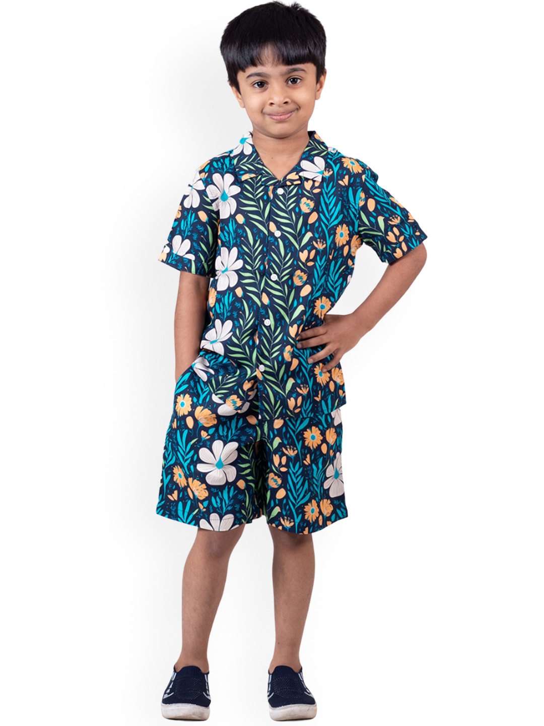 

The Lion and The Fish Boys Modern Leaf Print Shirt & Short Co-Ord Set, Blue
