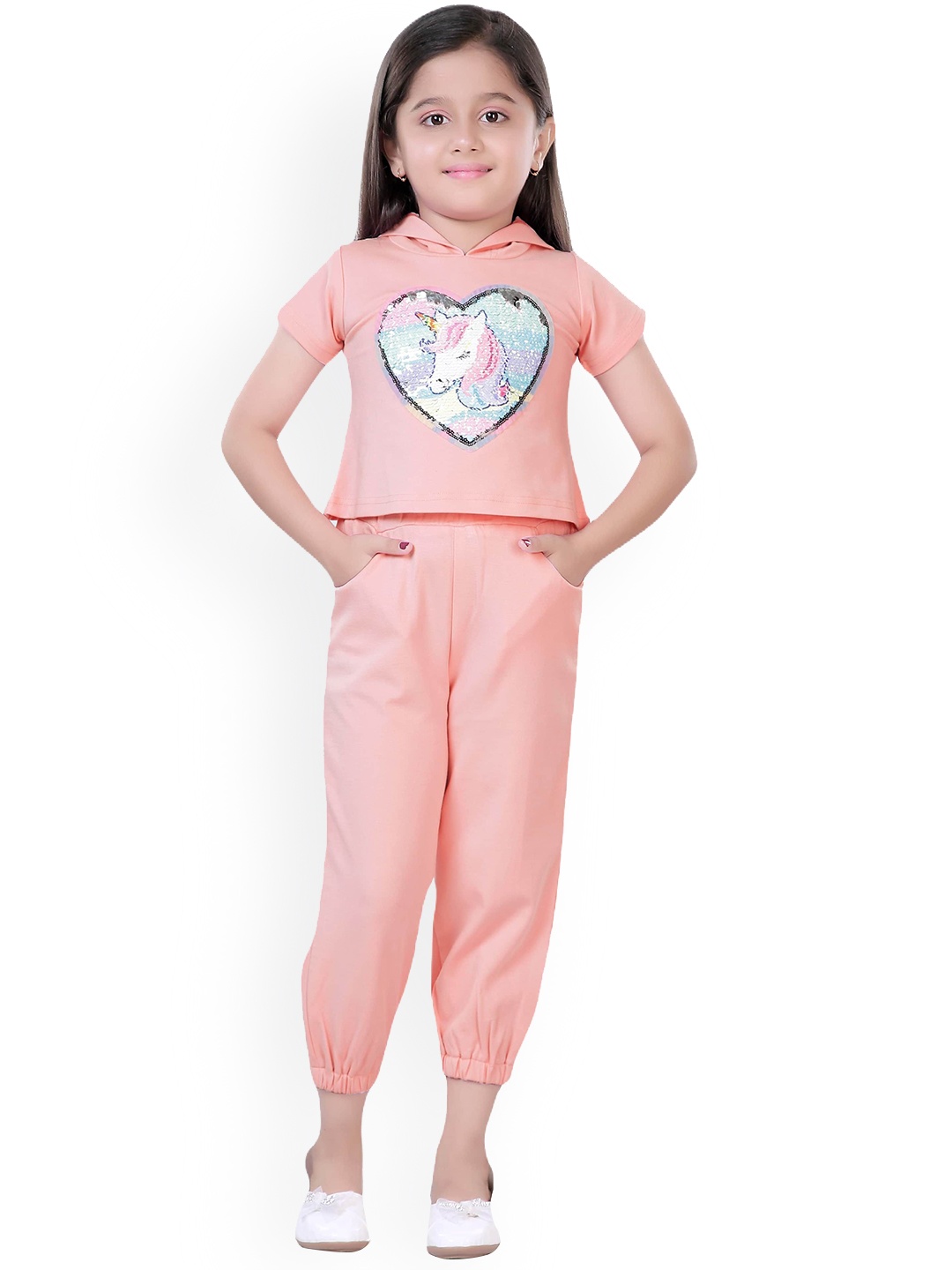 

Hunny Bunny Girls Embellished Cotton Hooded Neck Tracksuits, Peach