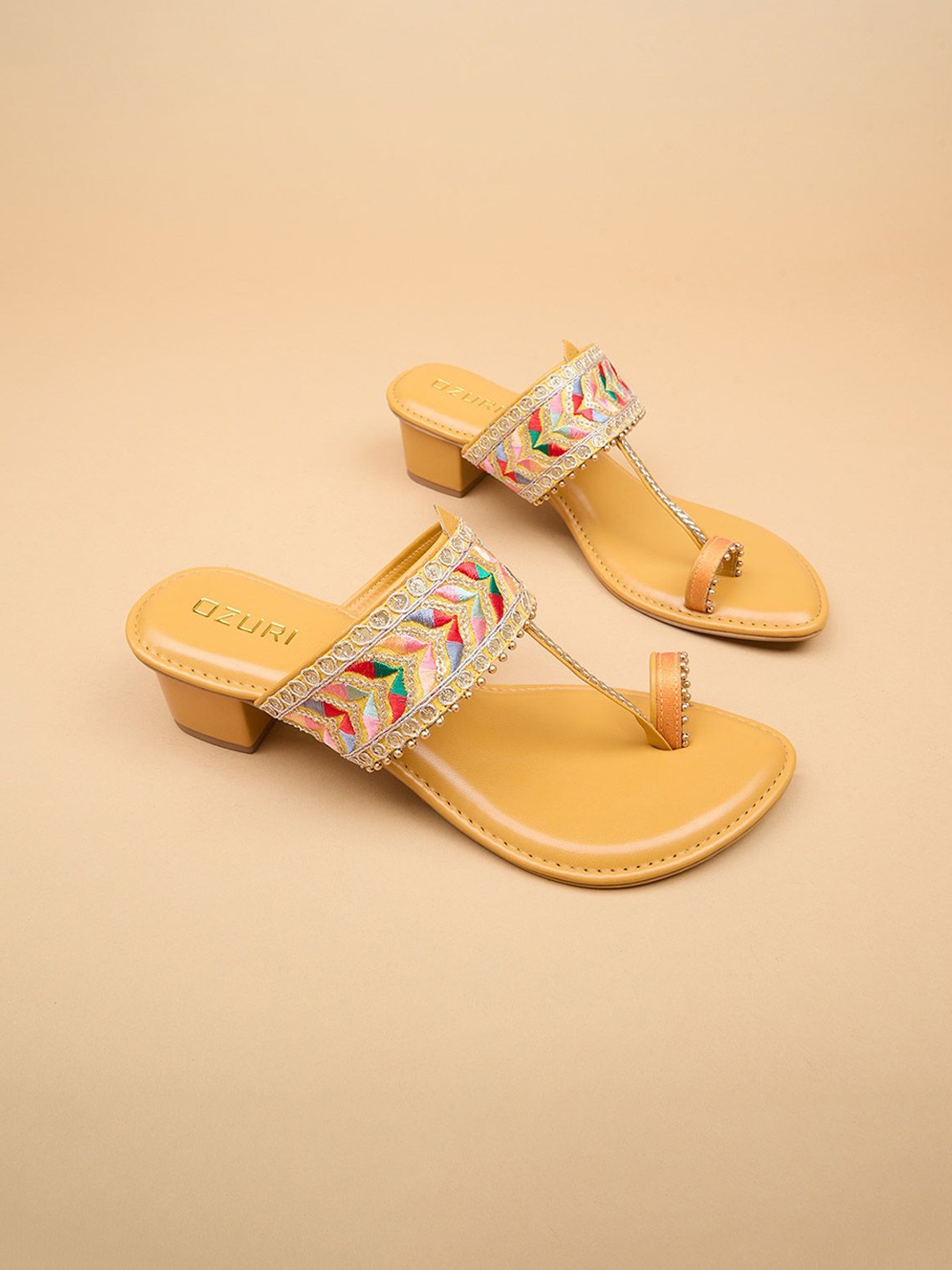 

Ozuri Embroidered Open Toe Block Heel Sandals, Yellow