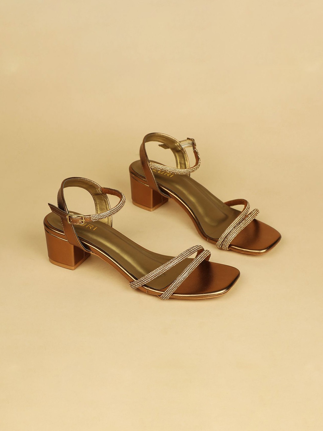 

Ozuri Embellished Buckle Detail Block Sandals, Copper