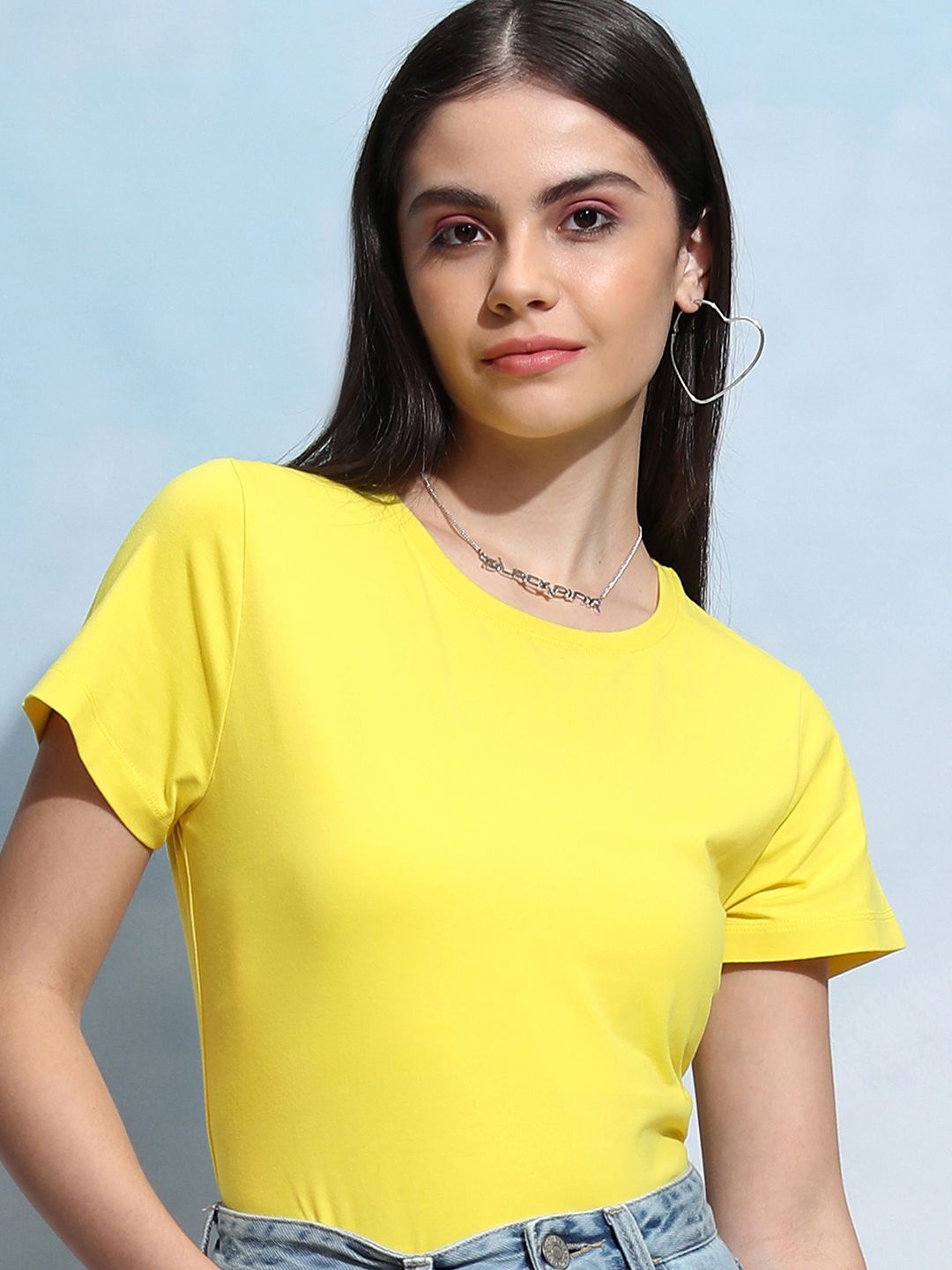 

Basics By Tokyo Talkies Women Solid Round Neck T-shirt, Yellow