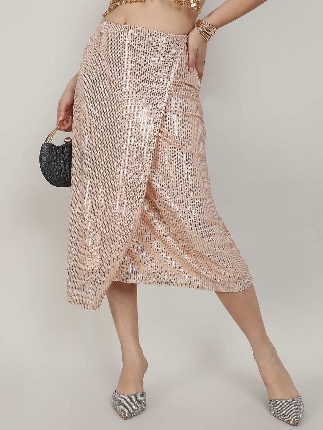 

Campus Sutra Sequined Wrap Midi Skirts, Beige