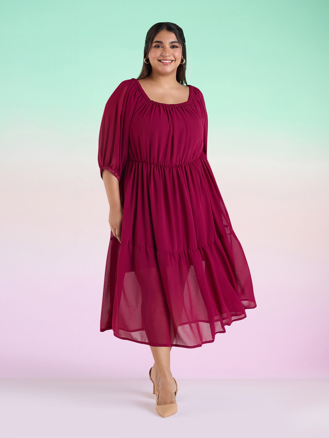 

Big Hello - The Plus Life Print A-Line Midi Dress, Maroon