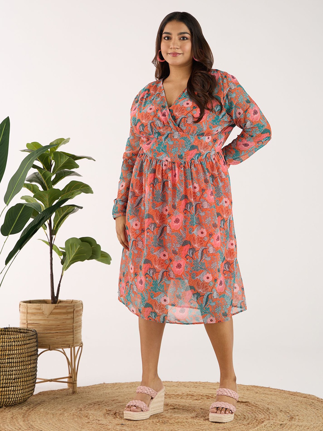 

Big Hello - The Plus Life Floral Print A-Line Midi Dress, Orange