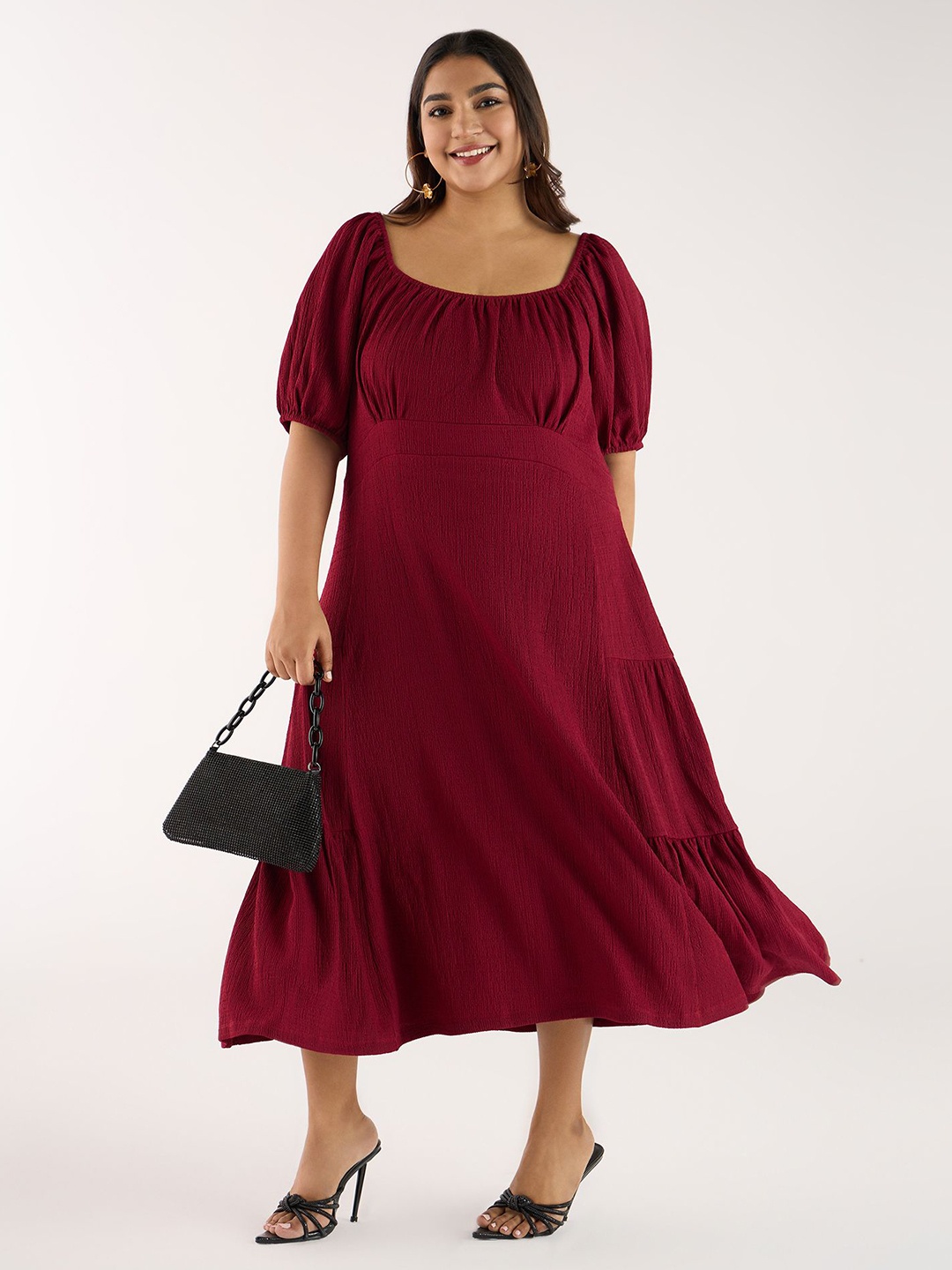 

Big Hello - The Plus Life Puff Sleeve A-Line Maxi Dress, Maroon