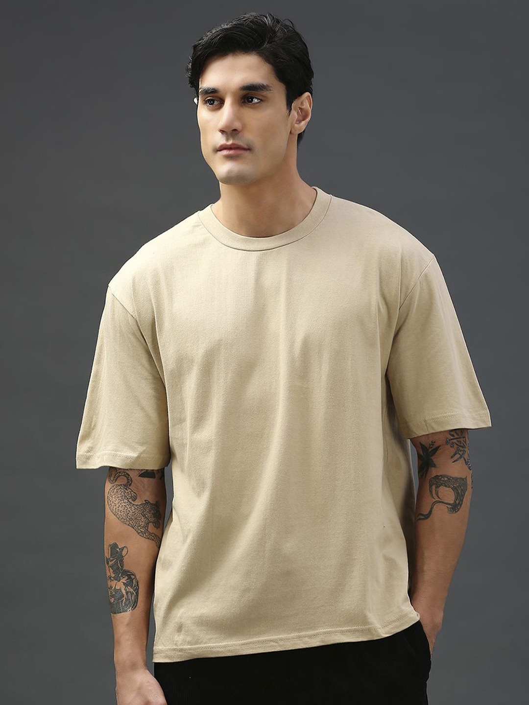 

Vibe The Hype Men Solid Round Neck Oversized Cotton T-shirt, Beige