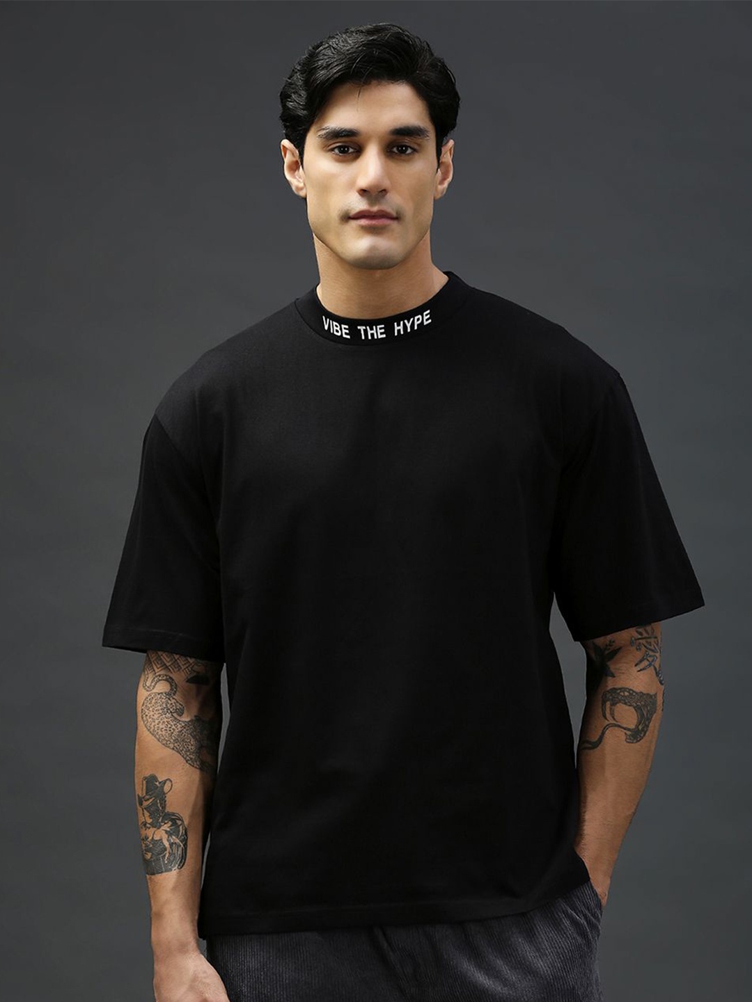 

Vibe The Hype Men Typography Printed High Neck Oversized T-shirt, Black