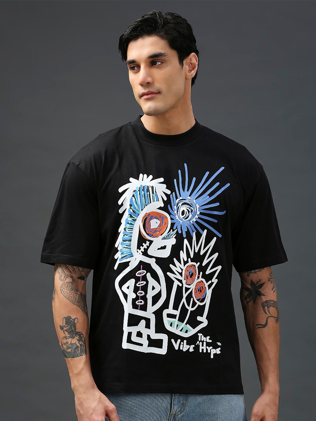 

Vibe The Hype Men Graphic Printed Round Neck Oversized T-shirt, Black