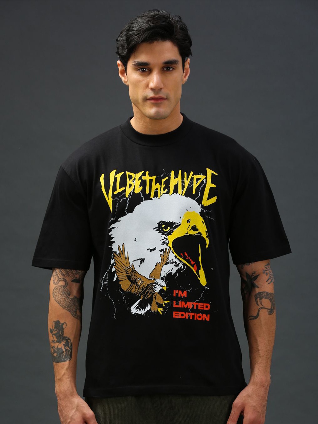 

Vibe The Hype Men Graphic Printed Round Neck Oversized T-shirt, Black