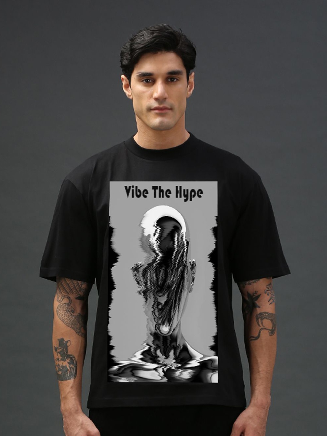 

Vibe The Hype Men Graphic Printed Round Neck Oversized T-shirt, Black