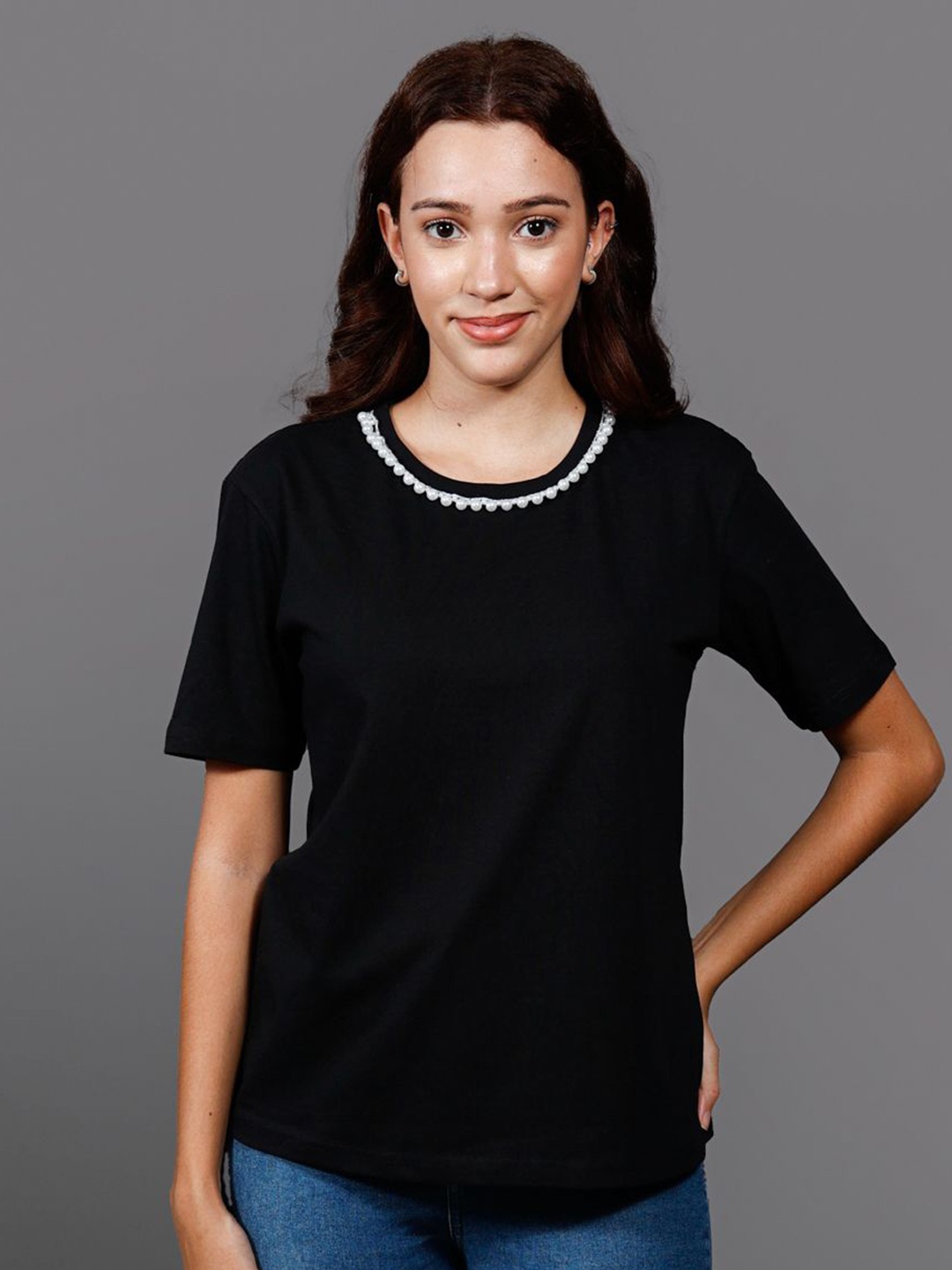 

Chemistry Embellished Round Neck Top, Black
