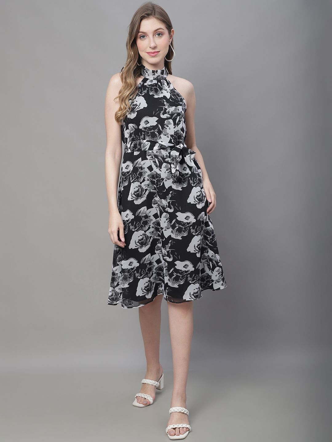 MINI & MING Floral Print Georgette A-Line Dress, Black