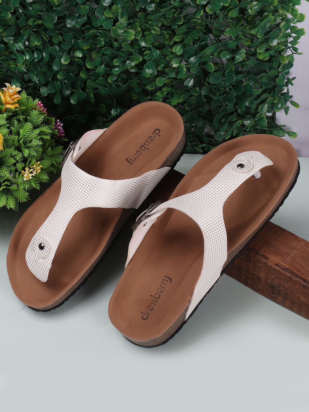 

DressBerry Women T-Strap Flats with Laser Cuts, White