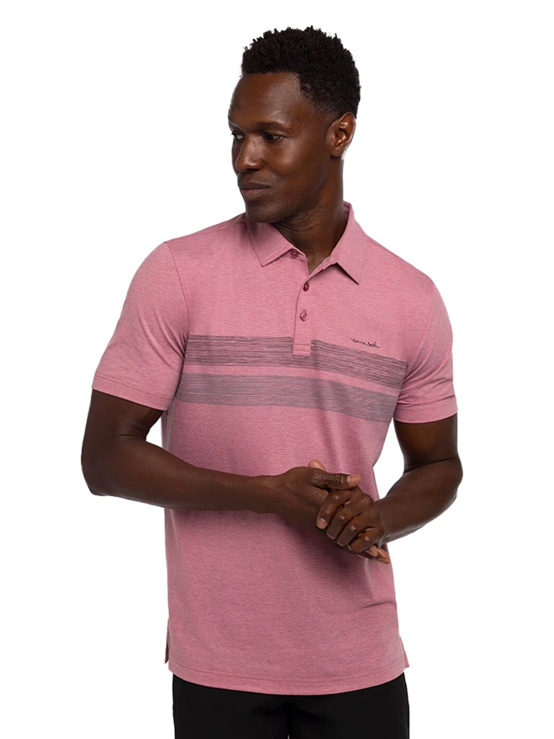 

TRAVIS MATHEW Men Striped Polo Collar T-shirt, Rose