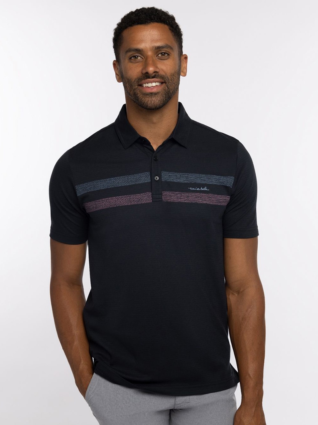 

TRAVIS MATHEW Men Striped Polo Collar T-shirt, Black