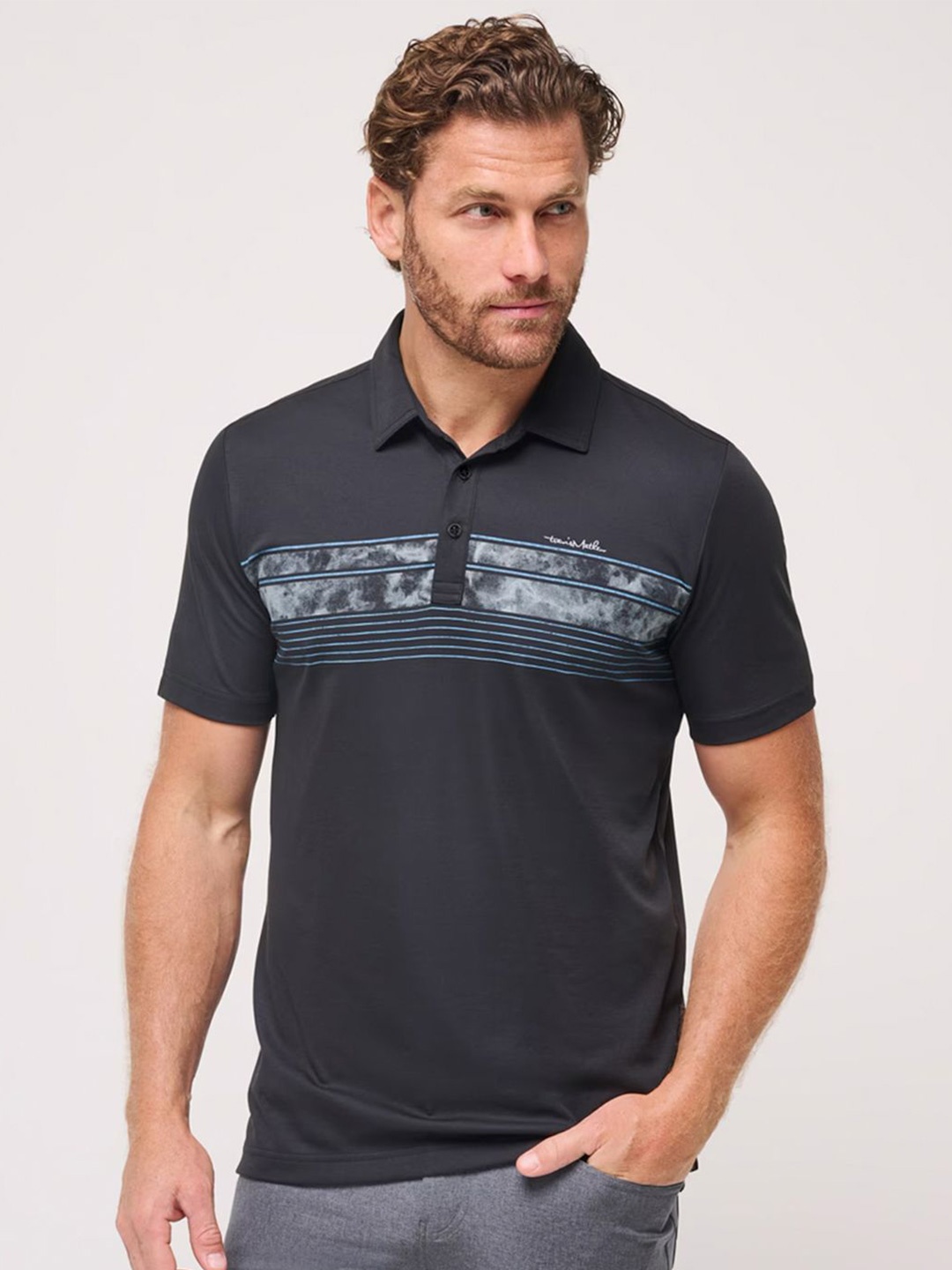 

TRAVIS MATHEW Men Striped Polo Collar T-shirt, Black