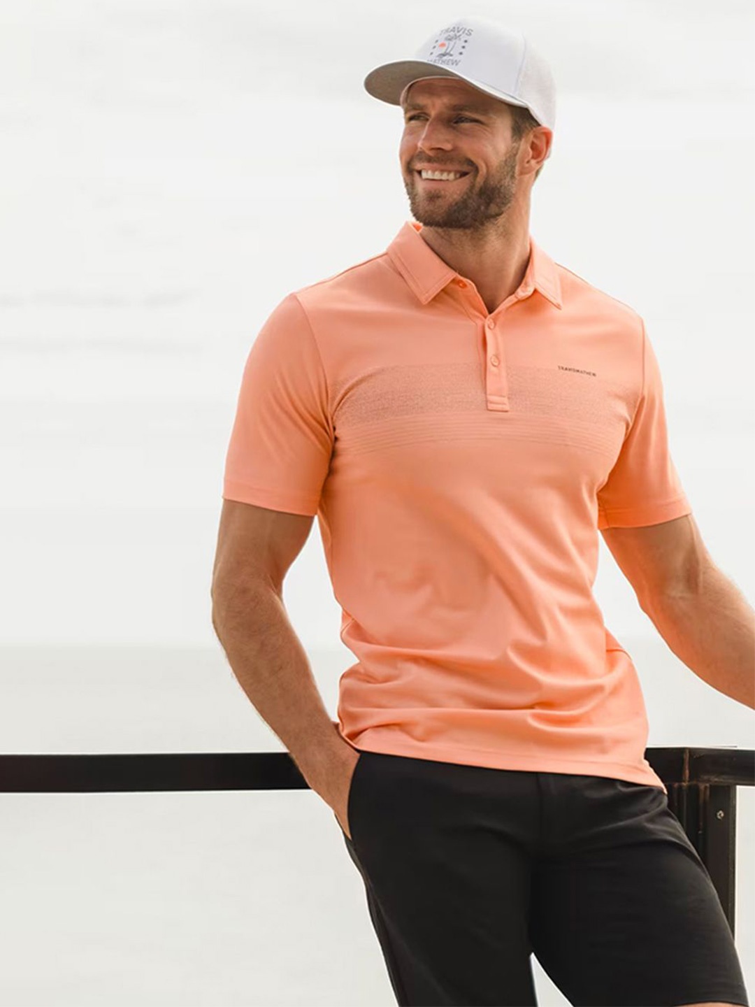 

TRAVIS MATHEW Men Striped Polo Collar T-shirt, Orange