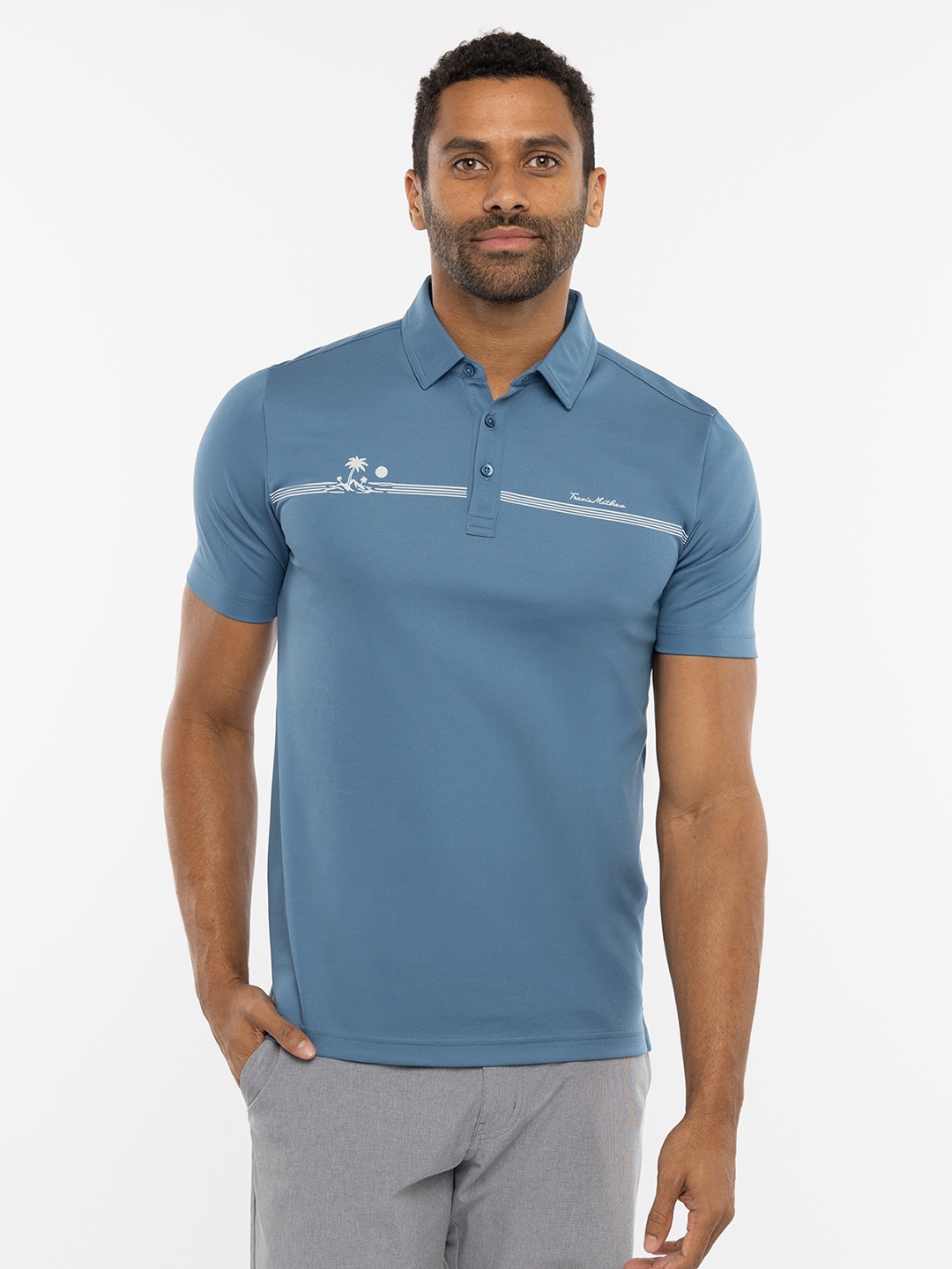 

TRAVIS MATHEW Men Polo Collar Applique T-shirt, Blue