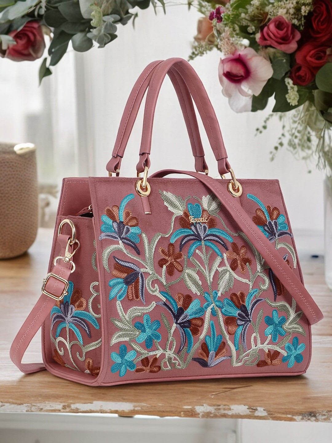 

Exotic Floral Embellished PU Structured Handheld Bag, Peach
