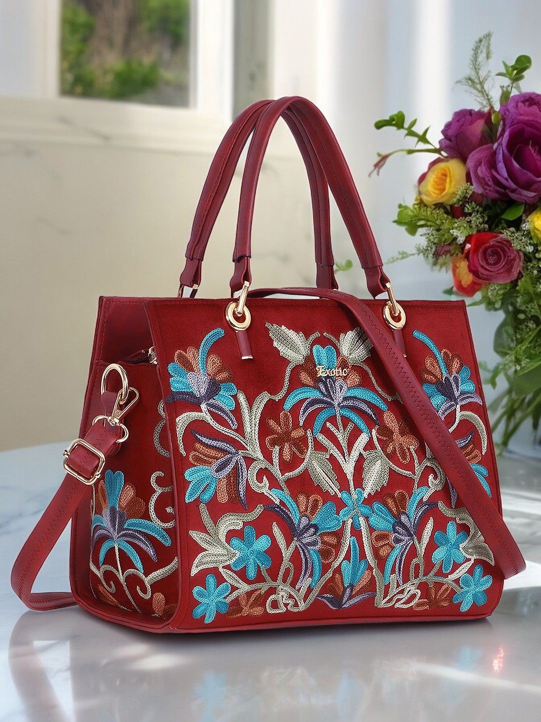 

Exotic Floral Embellished PU Structured Handheld Bag, Maroon