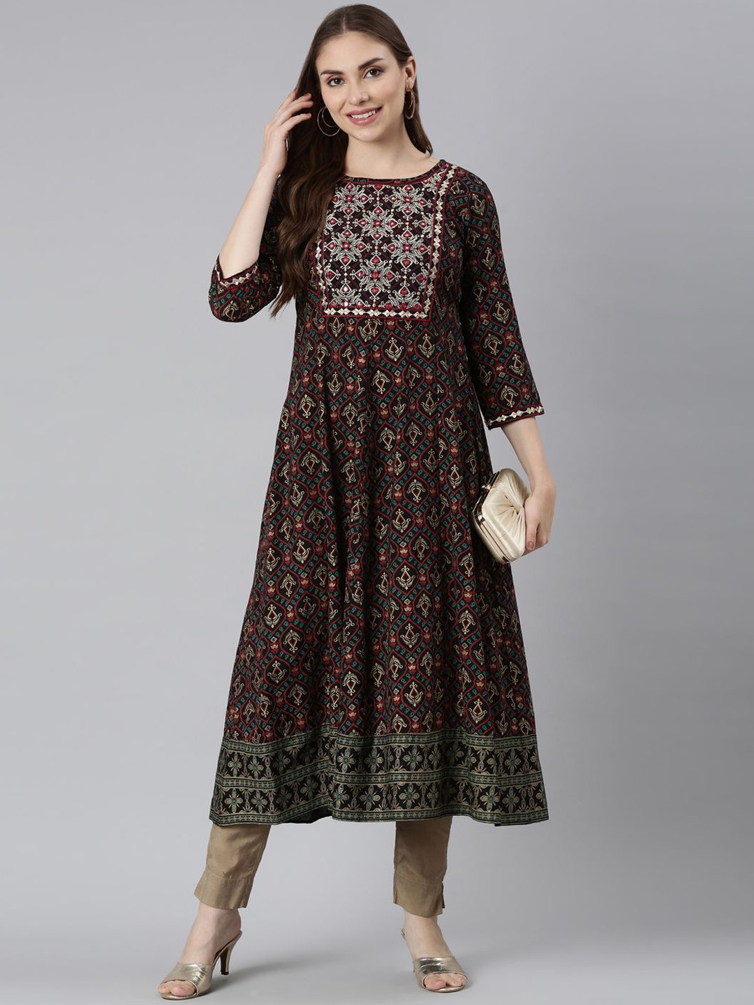 

Souchii Embroidered Flared Maxi Ethnic Dress, Black