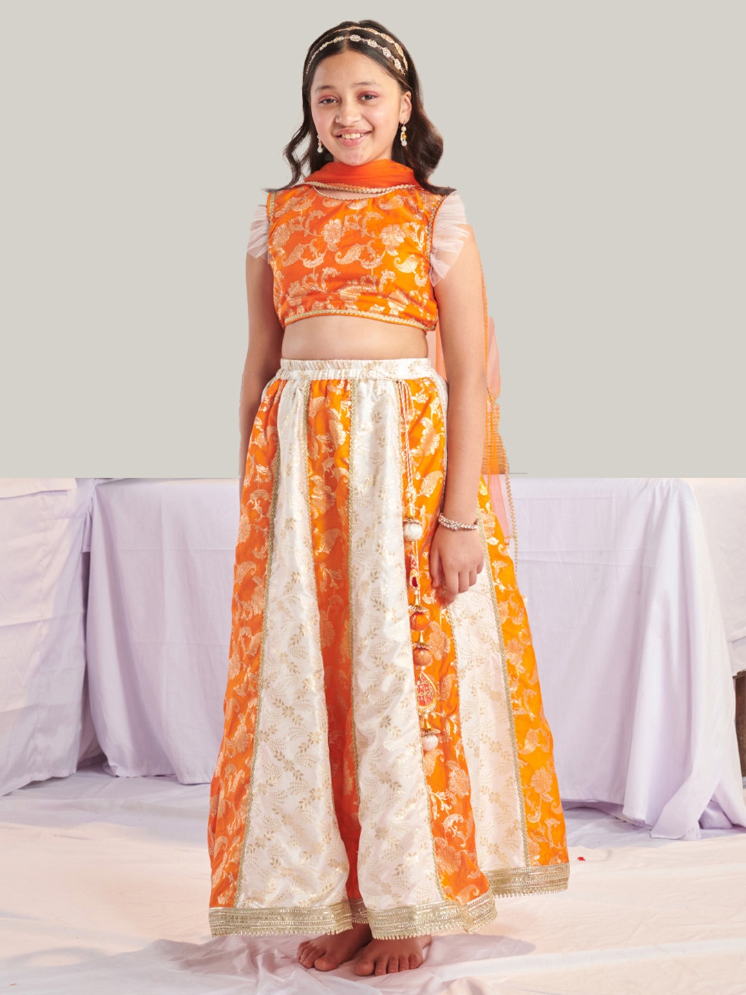 

pspeaches Girls Ready to Wear Printed Lehenga & Blouse With Dupatta, Orange