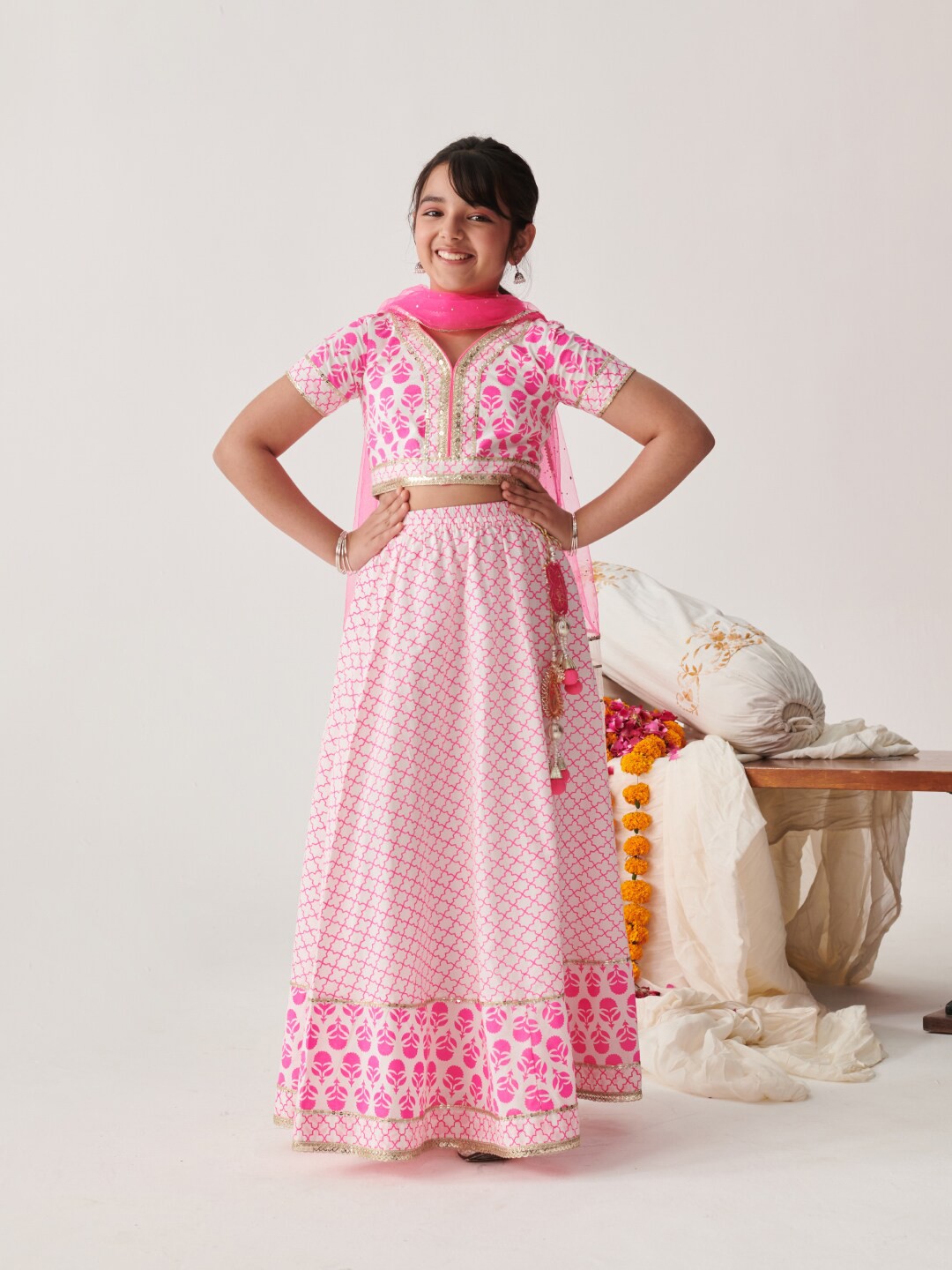 

pspeaches Girls Printed Ready to Wear Lehenga & Blouse With Dupatta, Pink