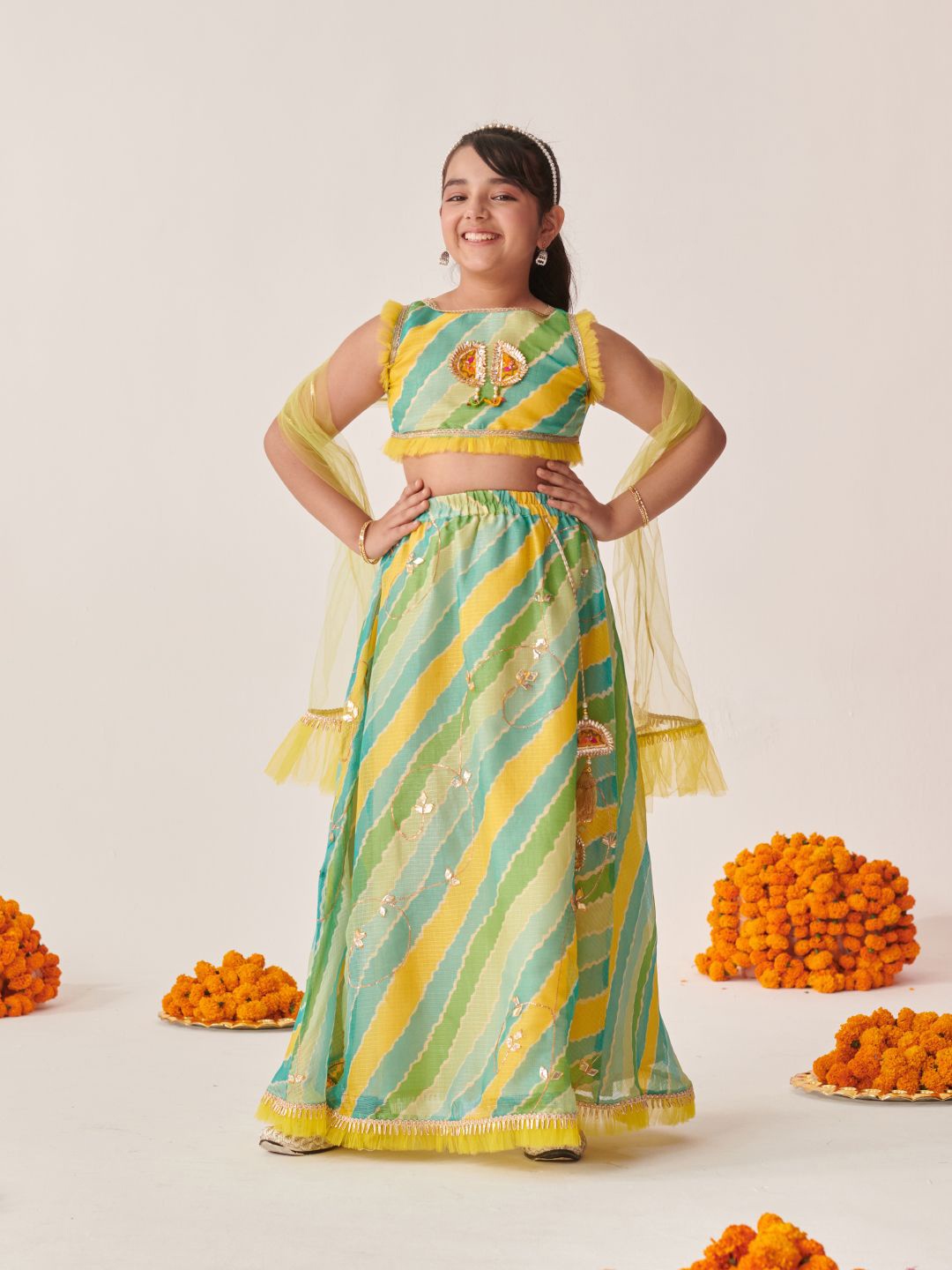 

pspeaches Girls Printed Ready to Wear Lehenga & Blouse With Dupatta, Green