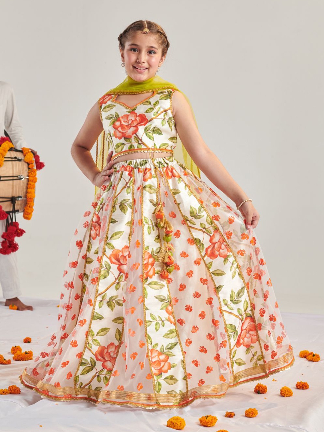 

pspeaches Girls Printed Ready to Wear Lehenga Choli With Dupatta, Orange