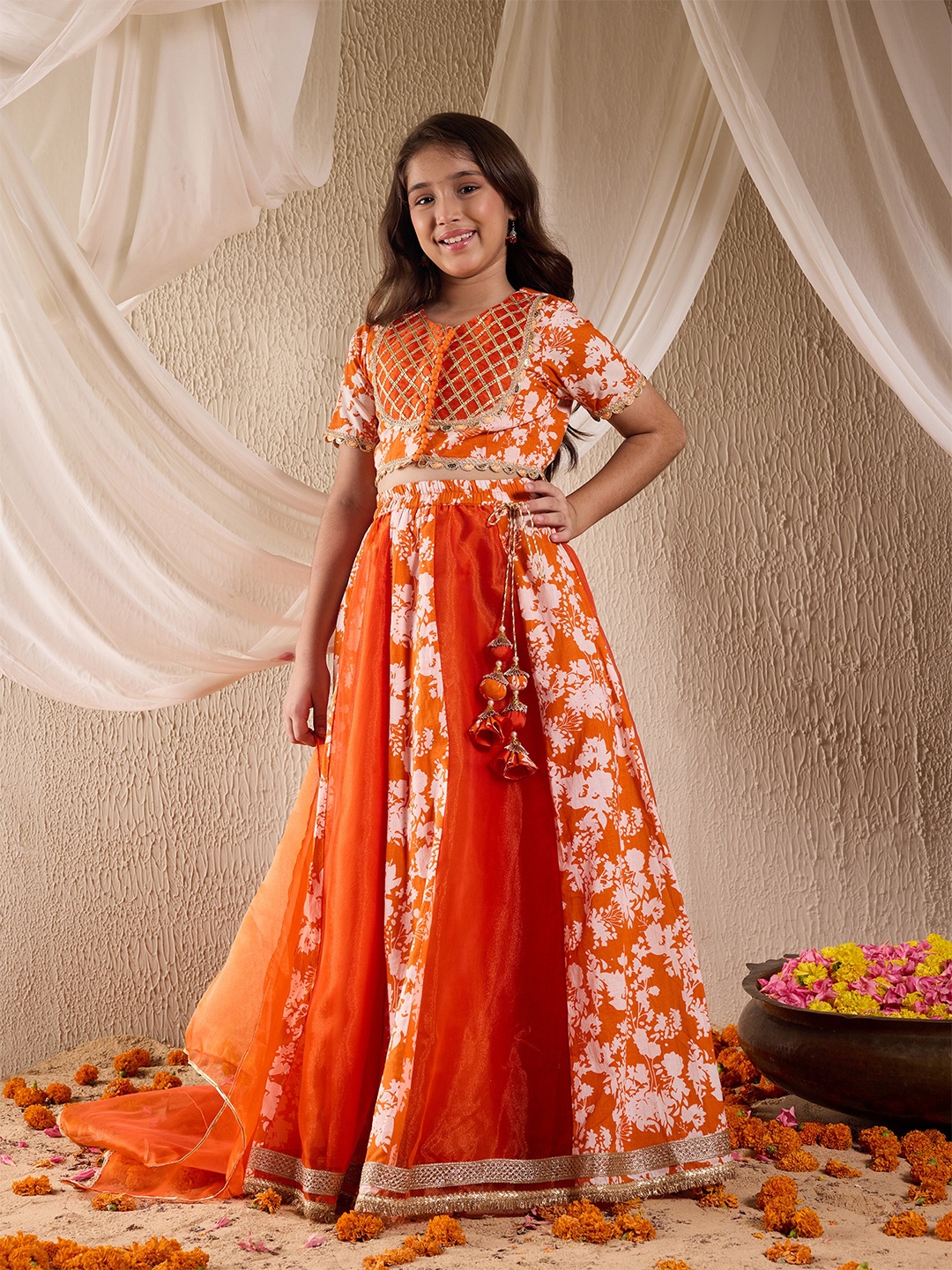 

pspeaches Girls Printed Ready to Wear Lehenga & Blouse With Dupatta, Orange