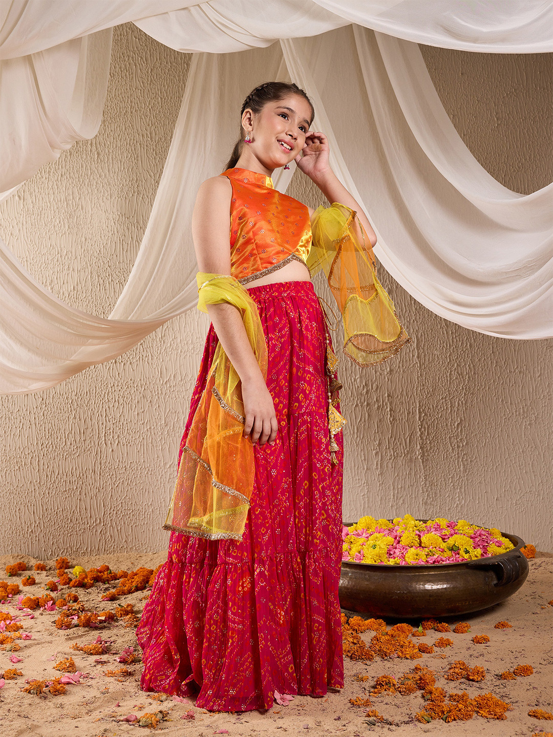 

pspeaches Girls Bandhani Printed Ready to Wear Lehenga Choli With Dupatta, Magenta