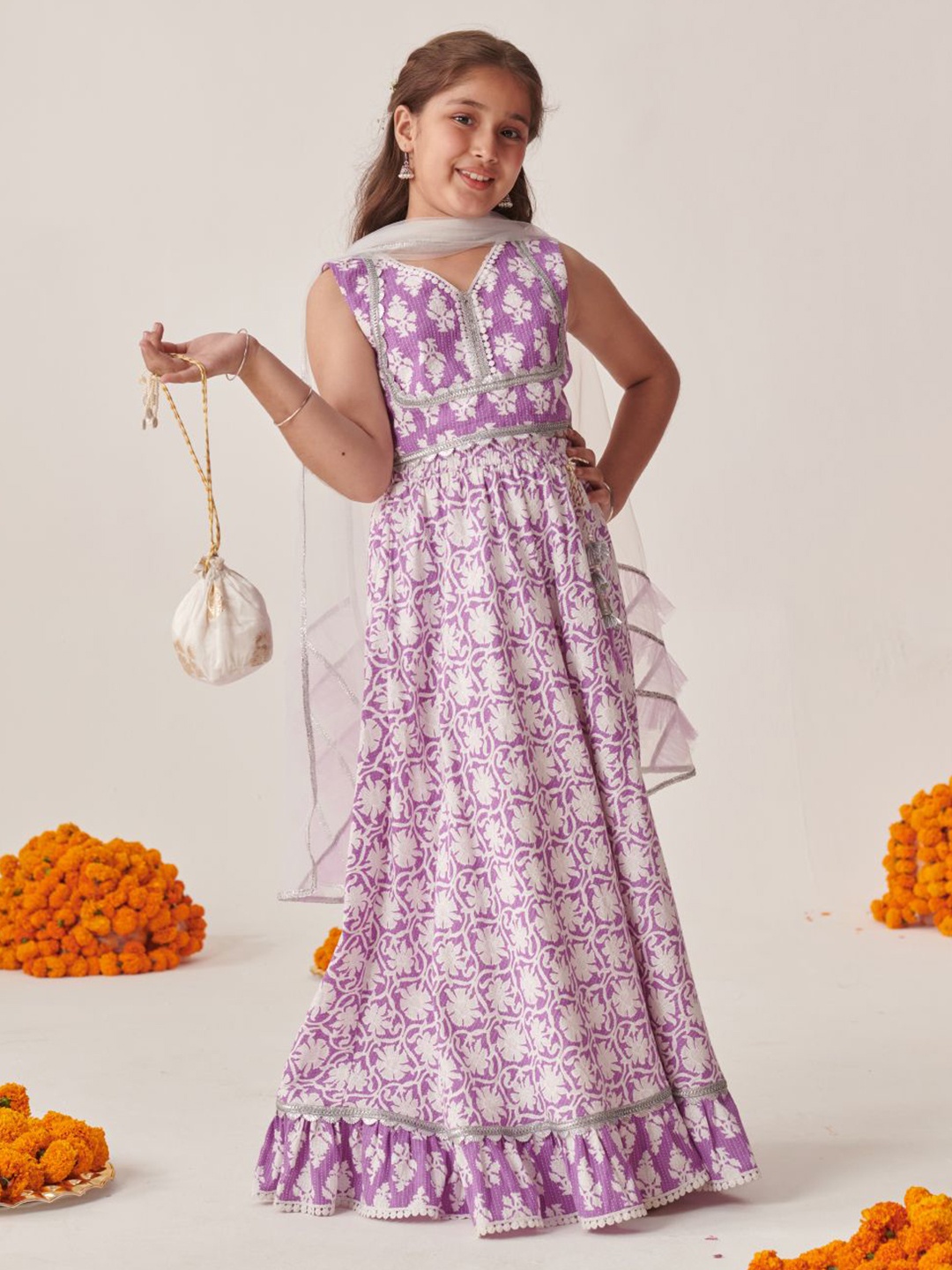 

pspeaches Girls Printed Gotta Patti Ready to Wear Lehenga Choli With Dupatta, Lavender