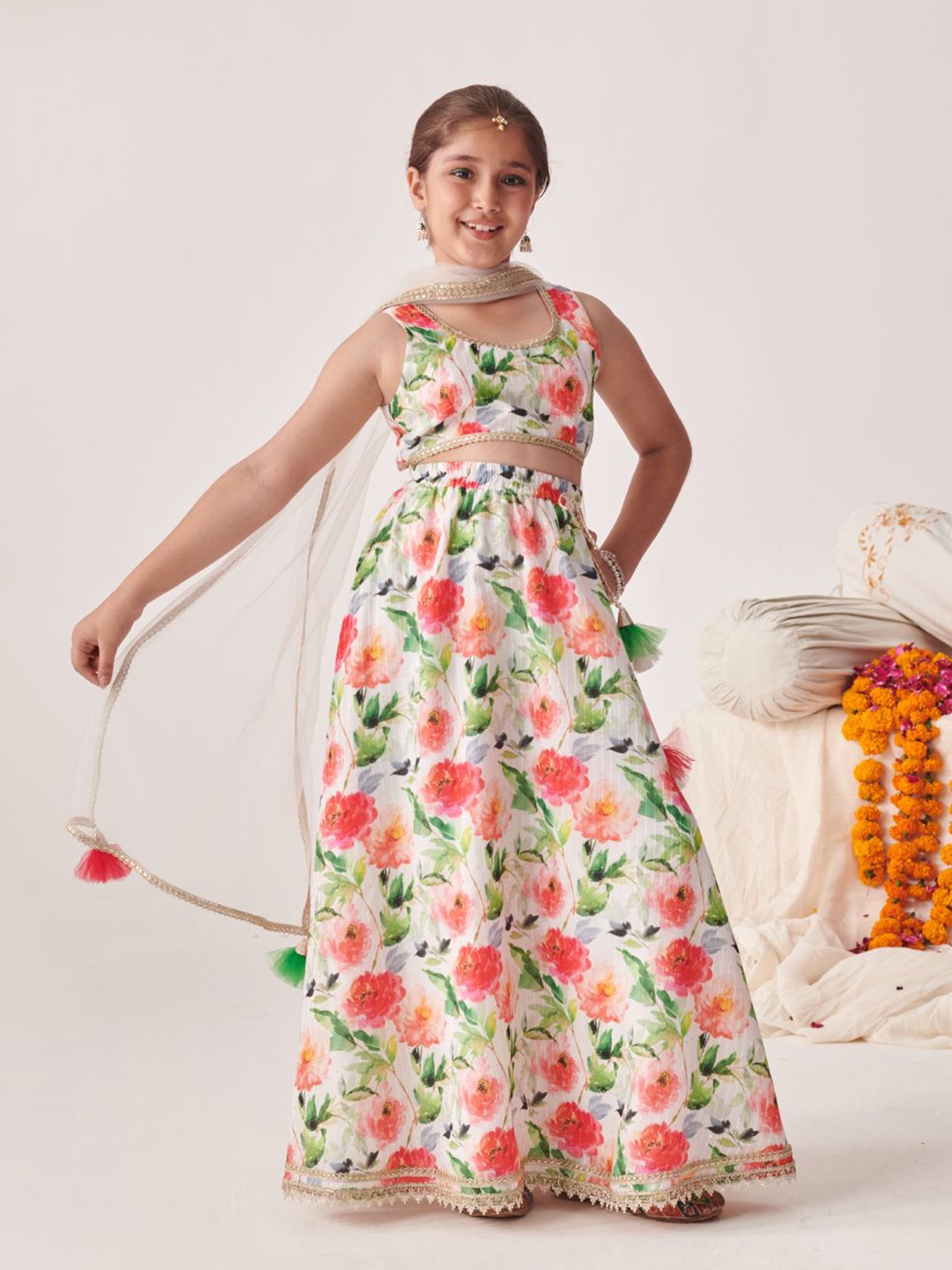 

pspeaches Girls Printed Ready to Wear Lehenga & Blouse With Dupatta, White