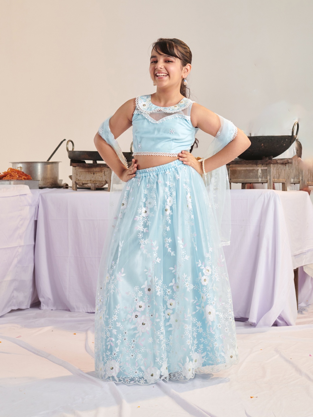 

pspeaches Girls Printed Beads and Stones Ready to Wear Lehenga & Blouse With Dupatta, Blue