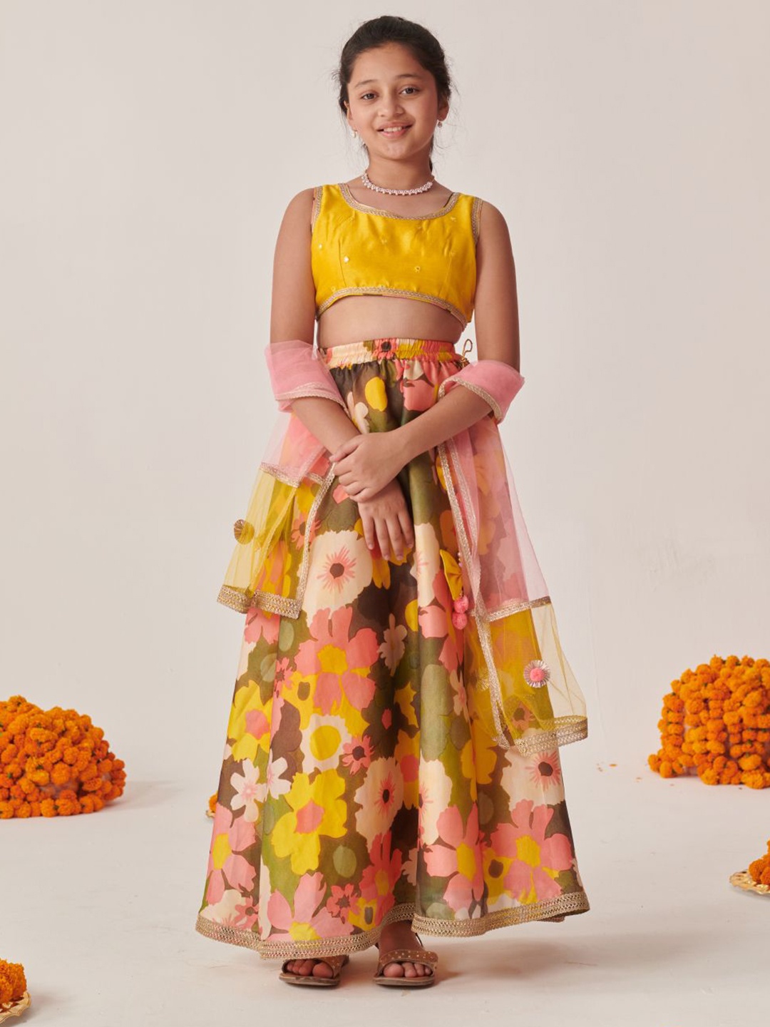 

pspeaches Girls Floral Printed Ready to Wear Lehenga & Blouse With Dupatta, Yellow