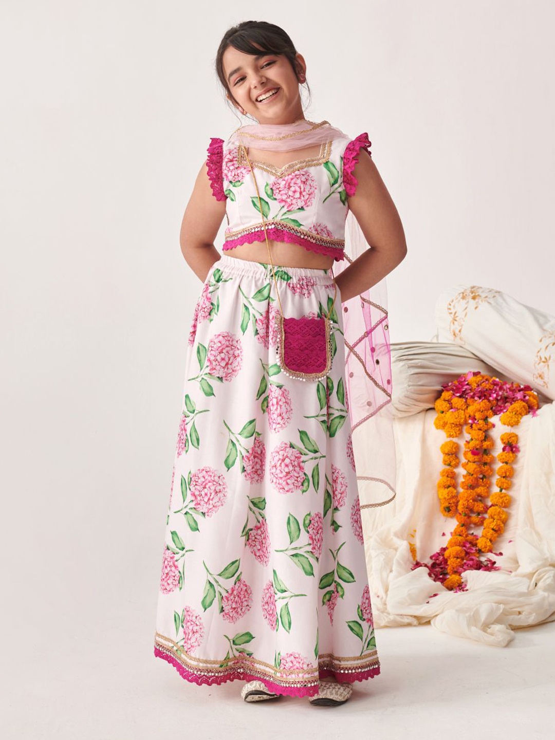

pspeaches Girls Printed Ready to Wear Lehenga & Blouse With Dupatta, Rose