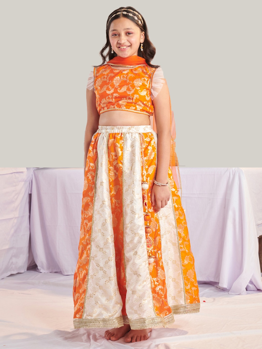 

pspeaches Girls Ready to Wear Printed Lehenga & Blouse With Dupatta, Orange