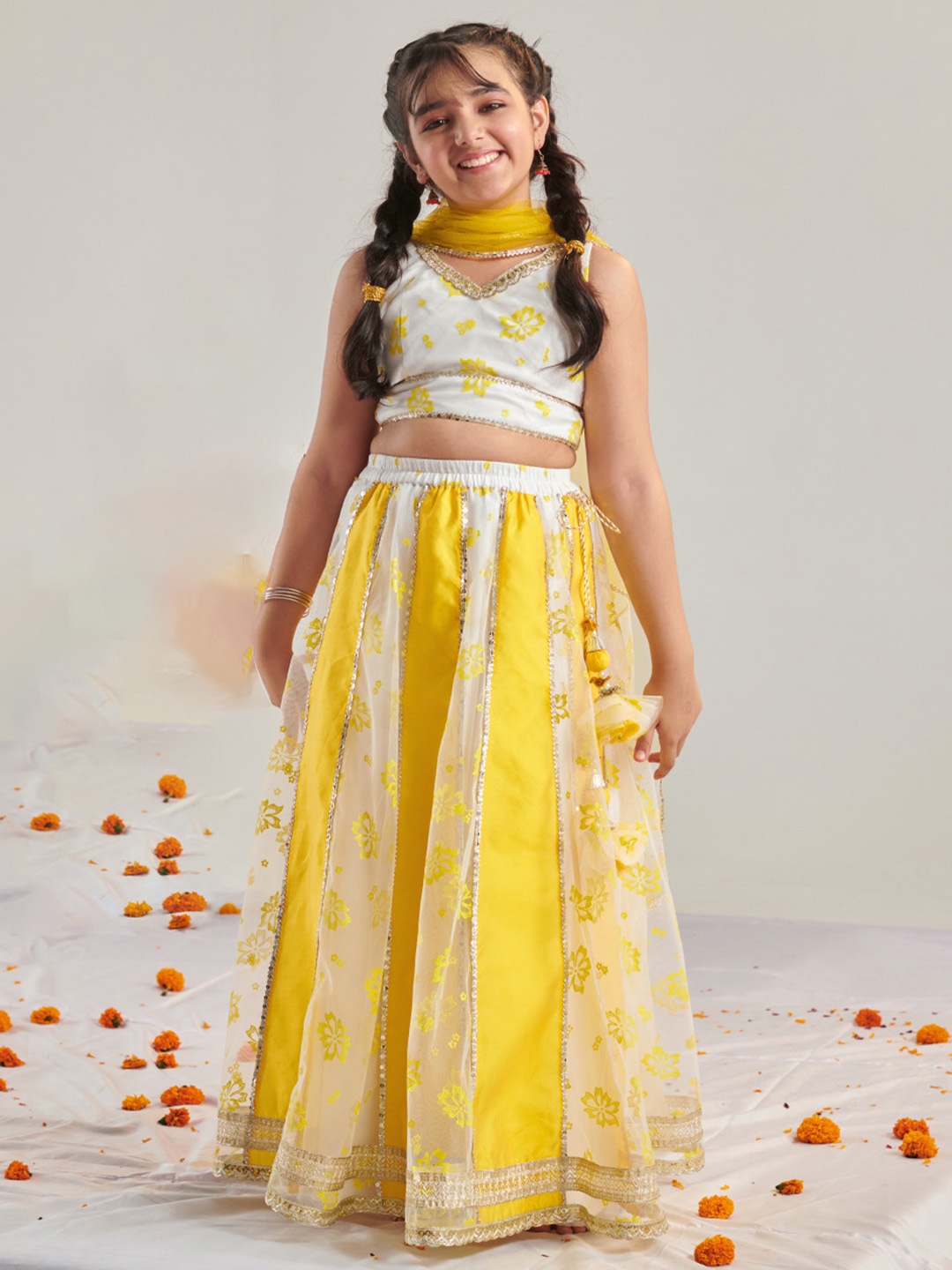 

pspeaches Girls Ready to Wear Printed Lehenga & Blouse With Dupatta, Yellow