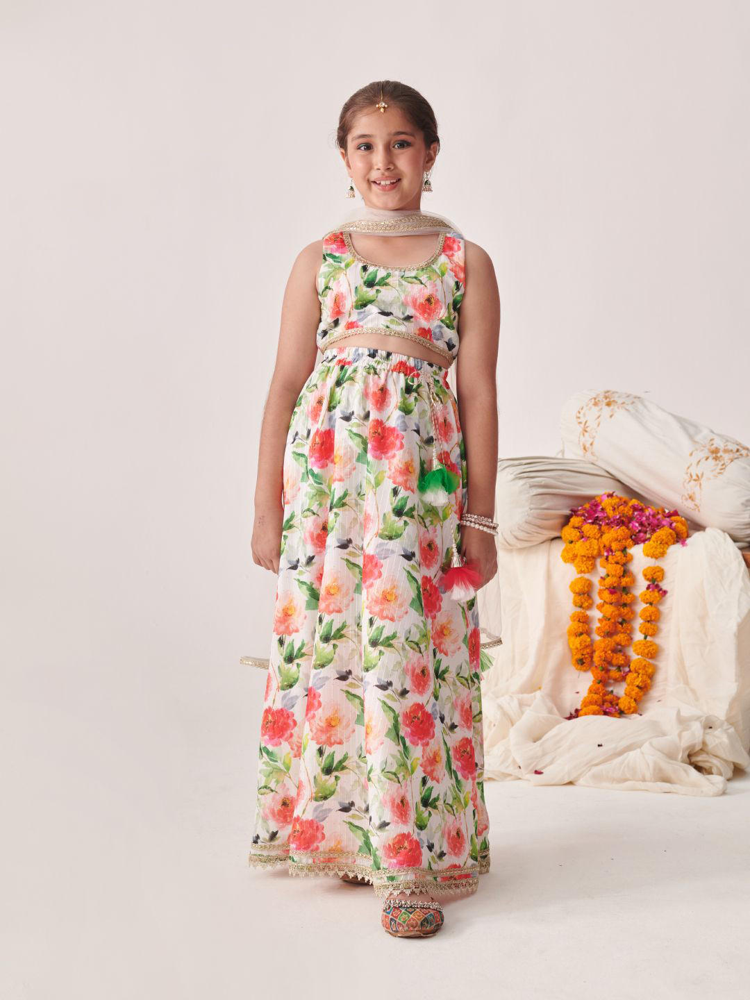 

pspeaches Girls Printed Ready to Wear Lehenga Choli With Dupatta, White