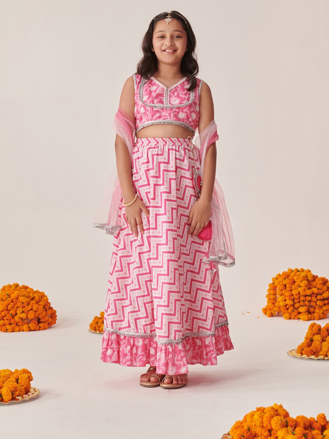 

pspeaches Girls Printed Ready to Wear Lehenga & Blouse With Dupatta, Pink