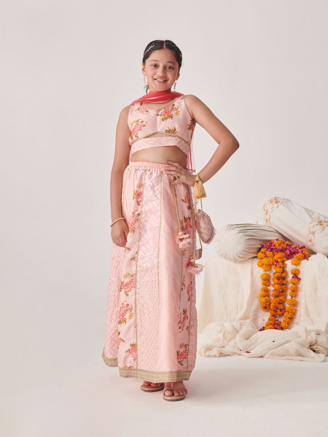 

pspeaches Girls Printed Ready to Wear Lehenga & Blouse With Dupatta, Peach