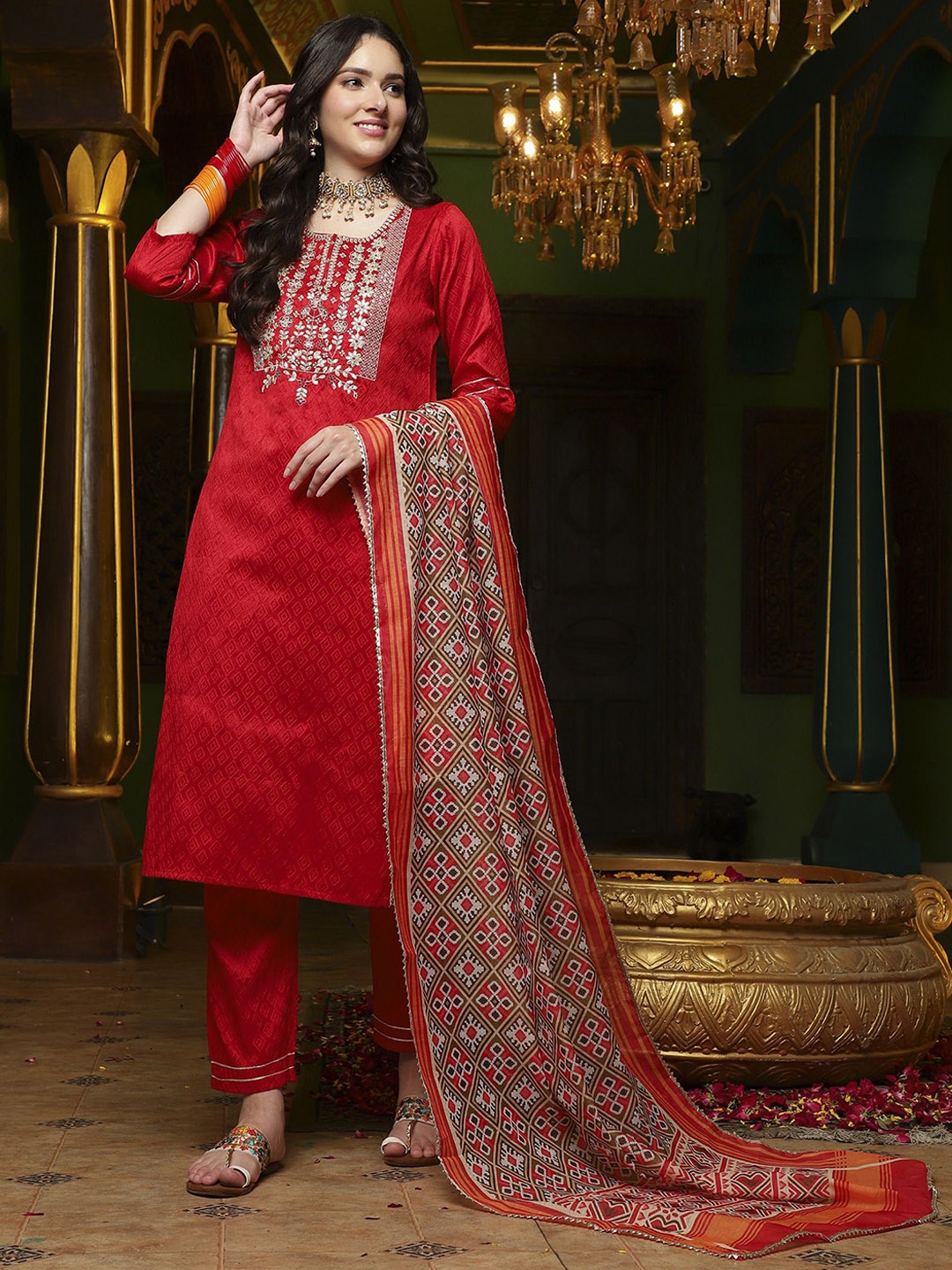 

Sangria Embroidered Straight Kurta With Trouser & Dupatta Set, Red